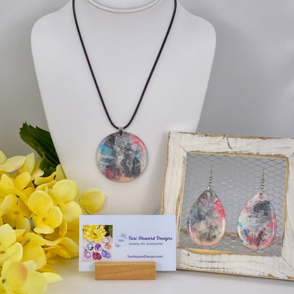 Hand Painted Iridescent Pendant Necklace And Earring Set