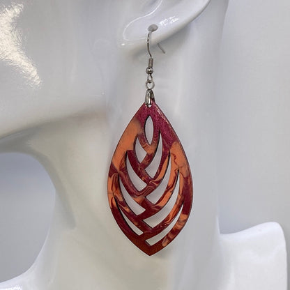 Hand Painted Geometric Cut Out Iridescent Dangle Pendant Earrings