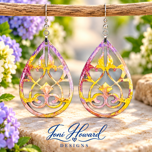 Hand Painted Tear Drop Cut Out Iridescent Dangle Pendant Earrings