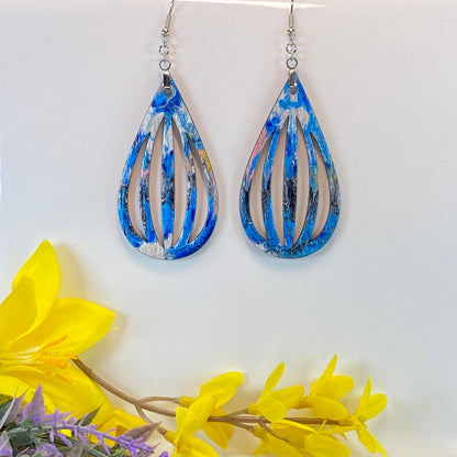 Hand Painted Tear Drop Cut Out Iridescent Dangle Pendant Earrings