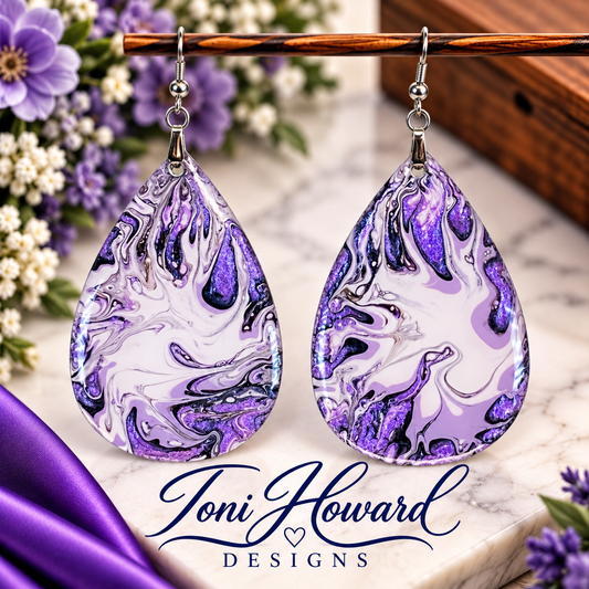 Hand Painted Tear Drop Iridescent Dangle Pendant Earrings