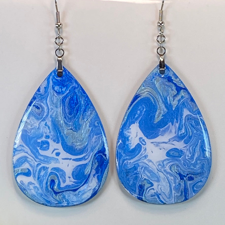 Hand Painted Tear Drop Iridescent Dangle Pendant Earrings