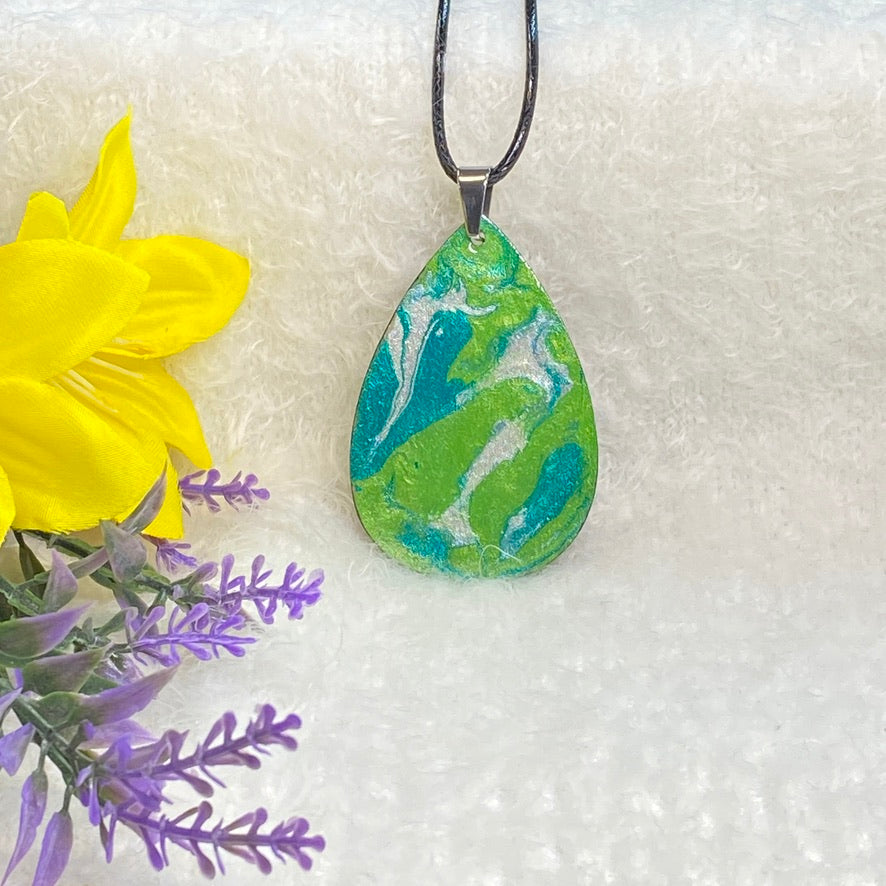 Hand Painted Iridescent Tear Drop Pendant Necklace