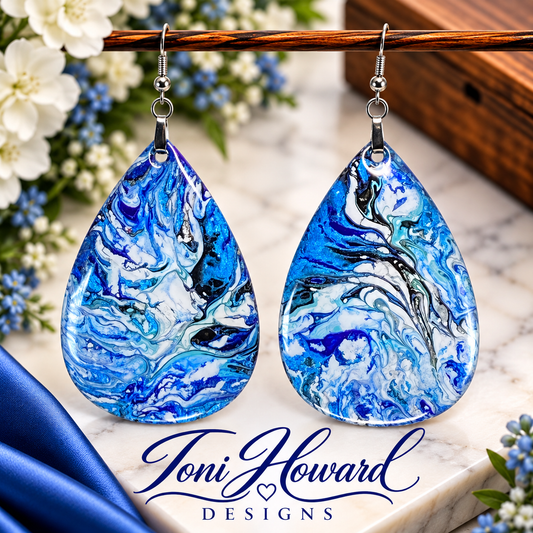 Hand Painted Tear Drop Iridescent Dangle Pendant Earrings