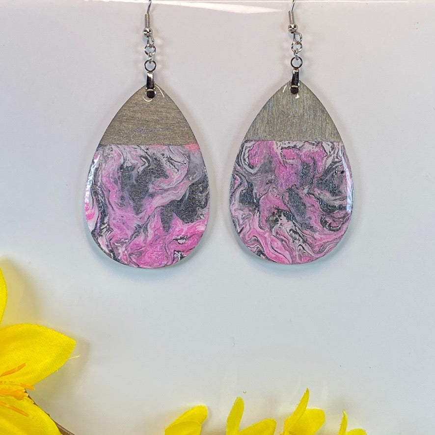 Hand Painted Tear Drop Color Block Iridescent Dangle Pendant Earrings