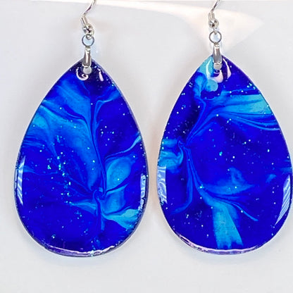 Hand Painted Tear Drop Iridescent Glitter Dangle Pendant Earrings