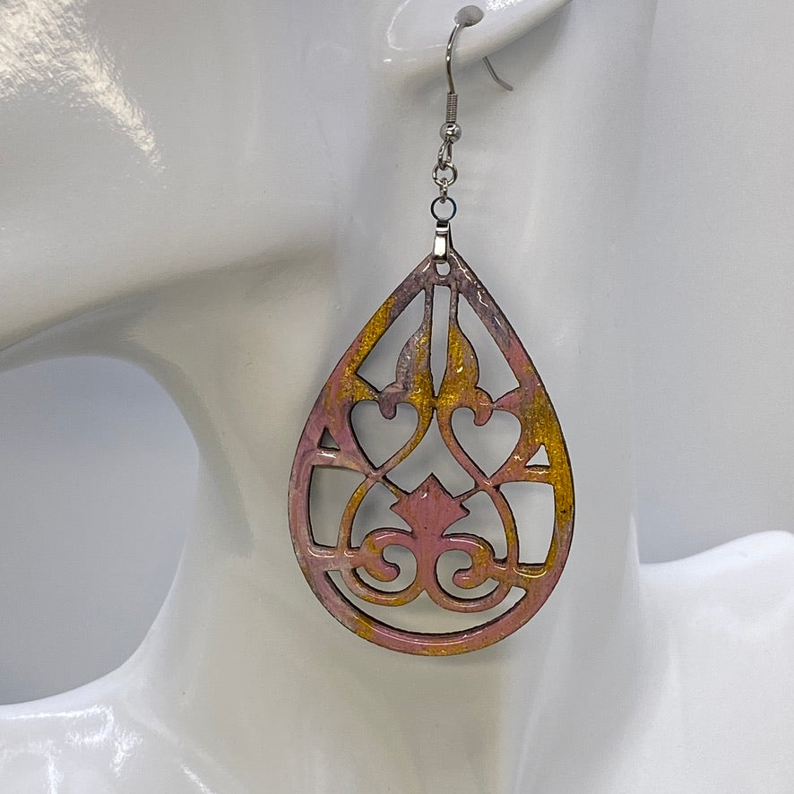 Hand Painted Tear Drop Cut Out Iridescent Dangle Pendant Earrings