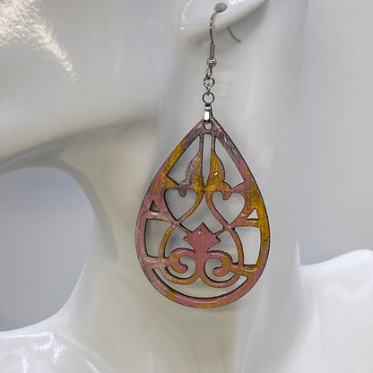 Hand Painted Tear Drop Cut Out Iridescent Dangle Pendant Earrings