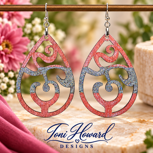 Hand Painted Tear Drop Cut Out Iridescent Dangle Pendant Earrings