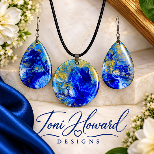Hand Painted Iridescent Pendant Necklace And Earring Set