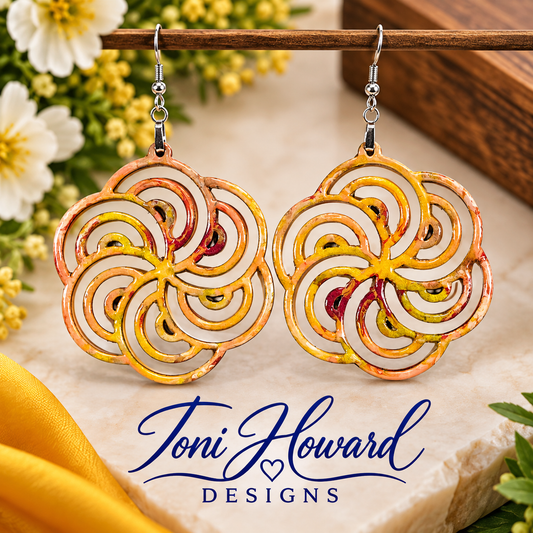 Hand Painted Geometric Cut Out Iridescent Dangle Pendant Earrings