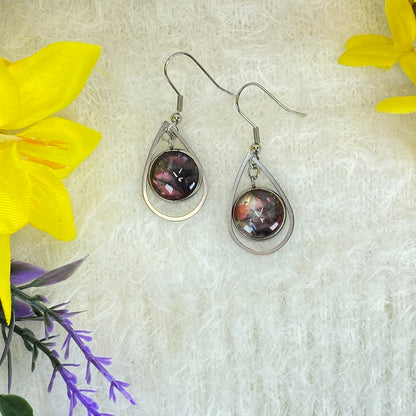 Hand Painted Glass Cabochon Gem Bezel Earrings