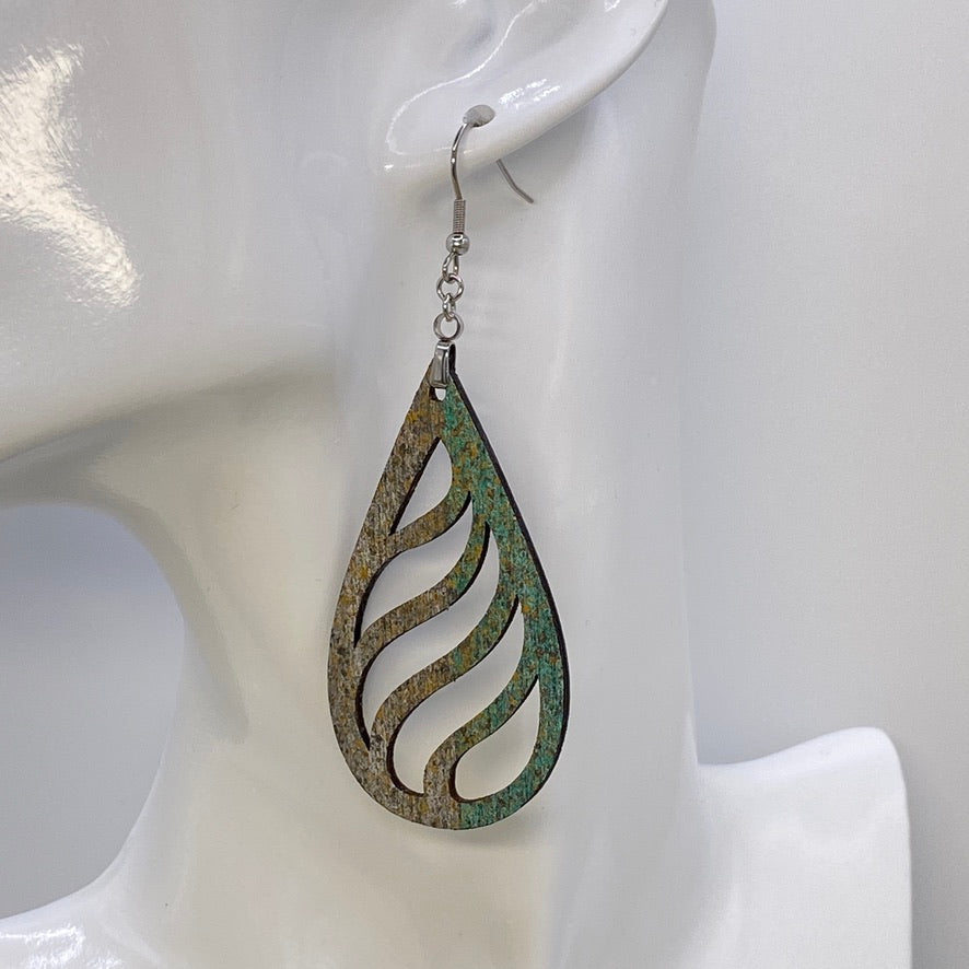 Hand Painted Tear Drop Cut Out Iridescent Dangle Pendant Earrings