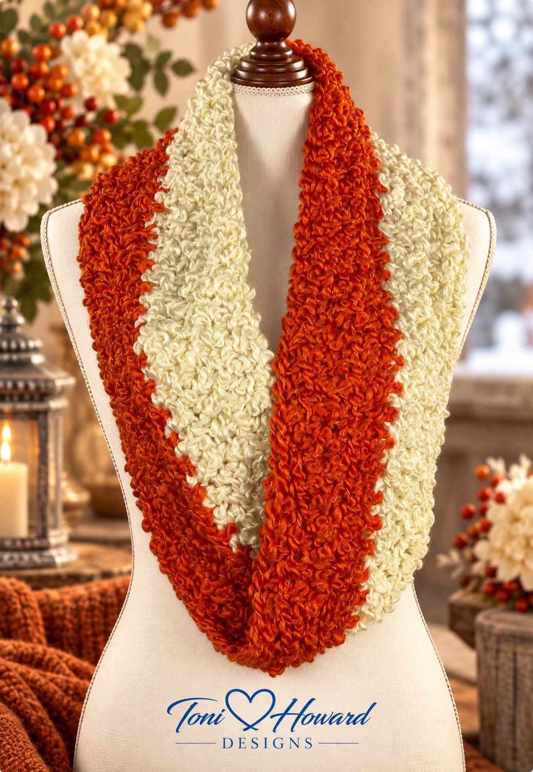 Handmade Burnt Orange & Cream Crochet Infinity Scarf – Women's Fashion Accessory