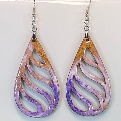 Hand Painted Tear Drop Cut Out Iridescent Dangle Pendant Earrings