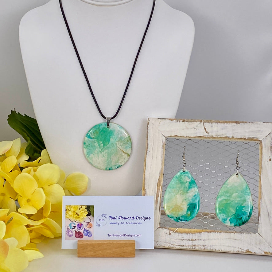 Hand Painted Iridescent Pendant Necklace And Earring Set