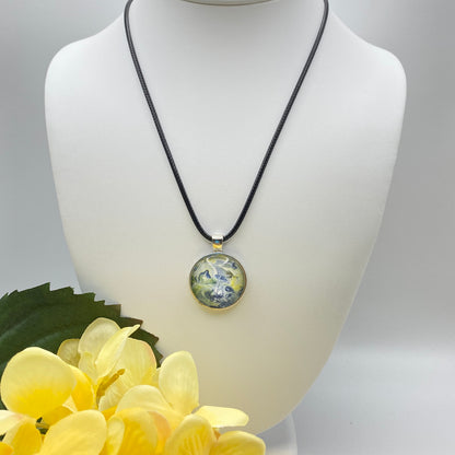 Hand Painted Glass Cabochon Round Bezel Pendant Necklace