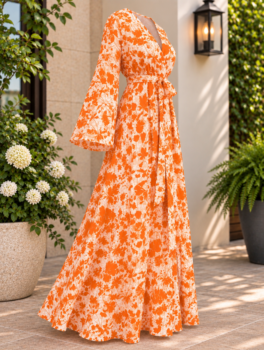 Plus Size Orange Floral Bell Sleeve Maxi Dress - Women's V-Neck  1XL, 2XL, 3XL