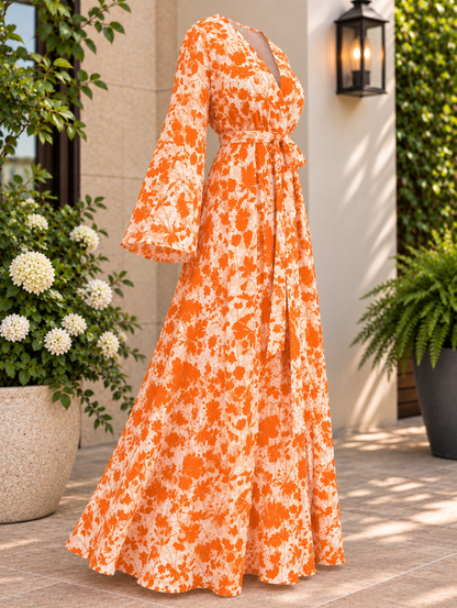 Plus Size Orange Floral Bell Sleeve Maxi Dress - Women's V-Neck  1XL, 2XL, 3XL