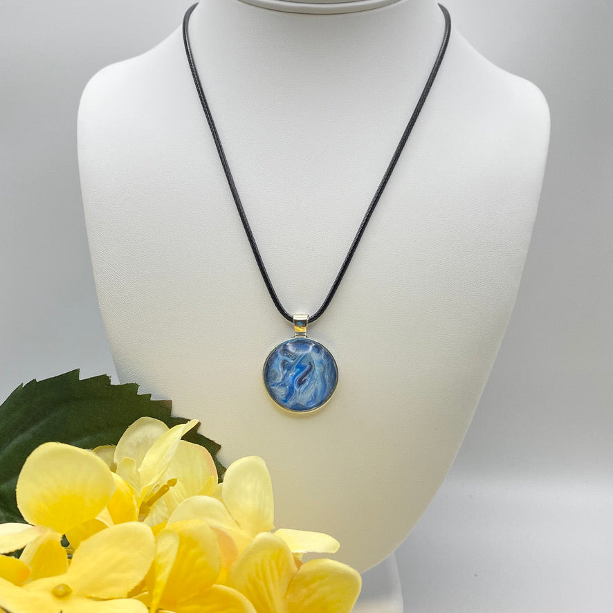 Hand Painted Glass Cabochon Round Bezel Pendant Necklace