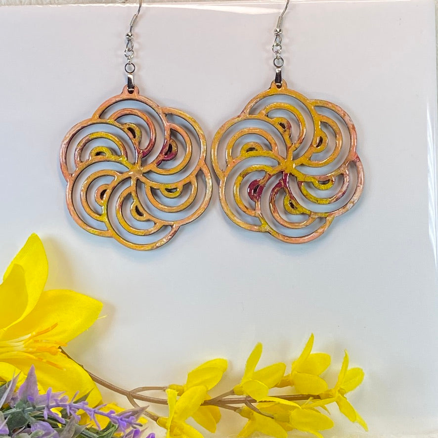 Hand Painted Geometric Cut Out Iridescent Dangle Pendant Earrings