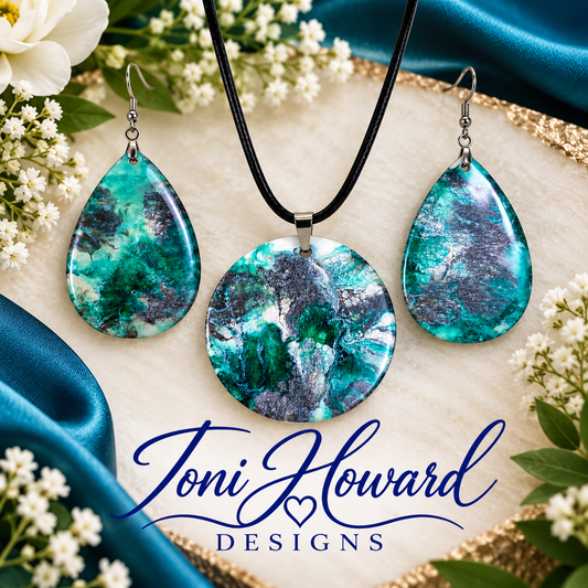Hand Painted Iridescent Pendant Necklace And Earring Set