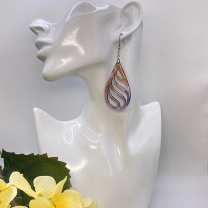 Hand Painted Tear Drop Cut Out Iridescent Dangle Pendant Earrings