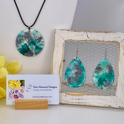 Hand Painted Iridescent Pendant Necklace And Earring Set