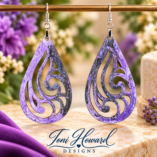 Hand Painted Tear Drop Cut Out Iridescent Dangle Pendant Earrings