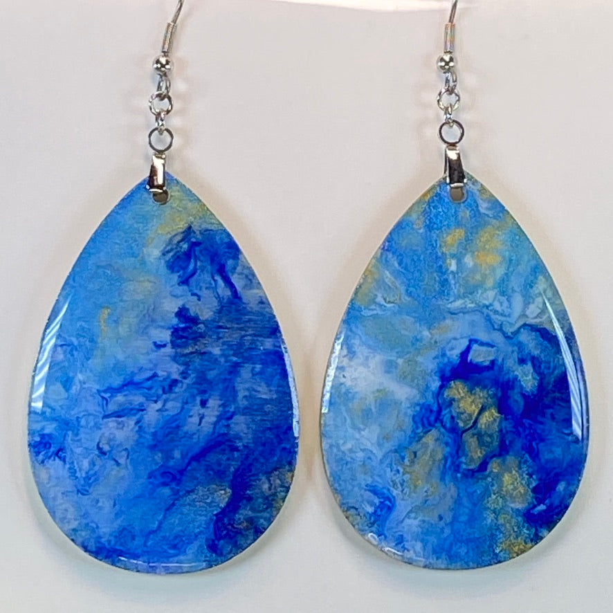 Hand Painted Tear Drop Iridescent Dangle Pendant Earrings