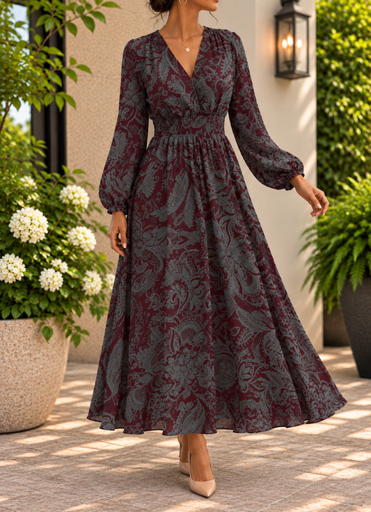 Women's Burgundy & Gray Floral Maxi Dress – Long Sleeve, Elastic Waist, S, M, L – New With Tags