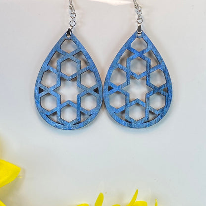 Hand Painted Tear Drop Cut Out Iridescent Dangle Pendant Earrings