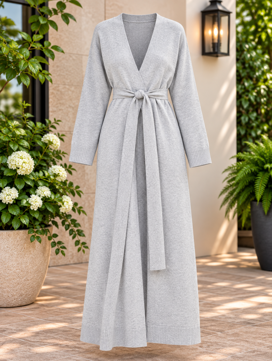 Women's Light Gray Long Duster Cardigan Sweater – Open Front, Tie Waist, S, M, L – New With Tags