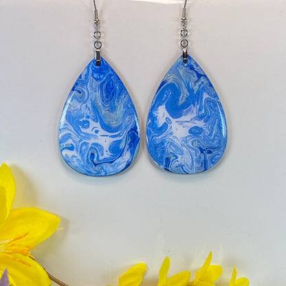 Hand Painted Tear Drop Iridescent Dangle Pendant Earrings