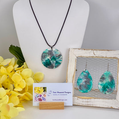 Hand Painted Iridescent Pendant Necklace And Earring Set