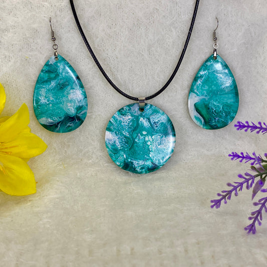 Hand Painted Iridescent Pendant Necklace And Earring Set