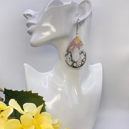 Hand Painted Tear Drop Cut Out Iridescent Dangle Pendant Earrings