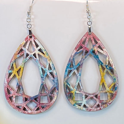 Hand Painted Tear Drop Cut Out Iridescent Dangle Pendant Earrings