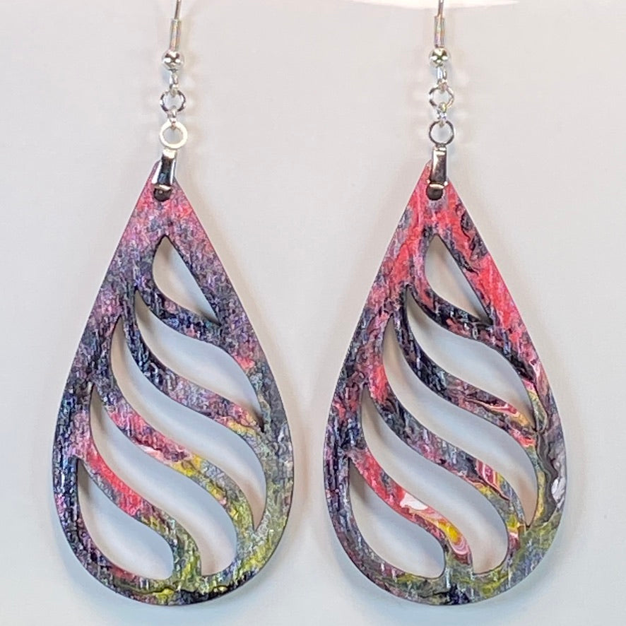 Hand Painted Tear Drop Cut Out Iridescent Dangle Pendant Earrings