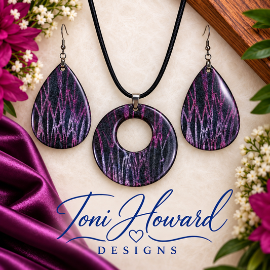 Hand Painted Iridescent Center Hollow Pendant Necklace and Earring Set