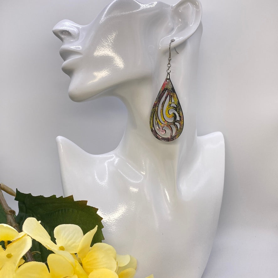 Hand Painted Tear Drop Cut Out Iridescent Dangle Pendant Earrings