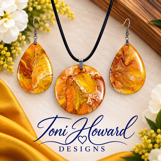 Hand Painted Iridescent Pendant Necklace And Earring Set