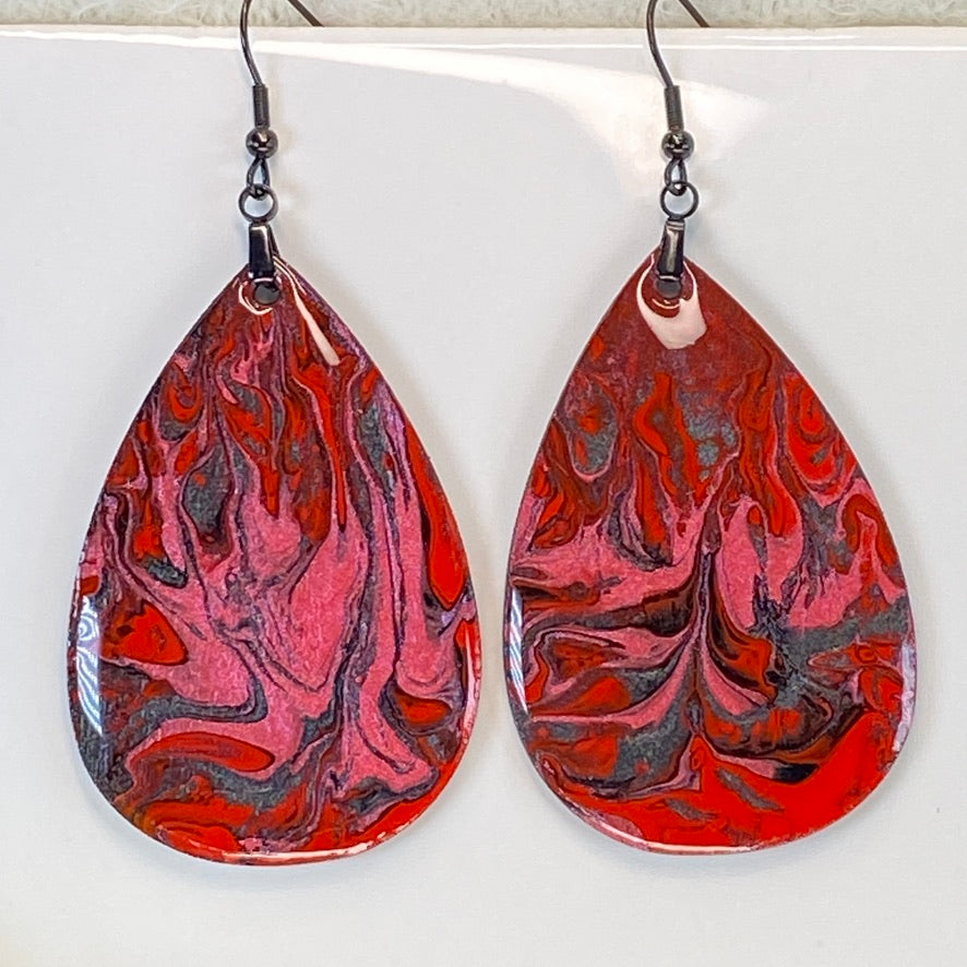 Hand Painted Tear Drop Iridescent Dangle Pendant Earrings