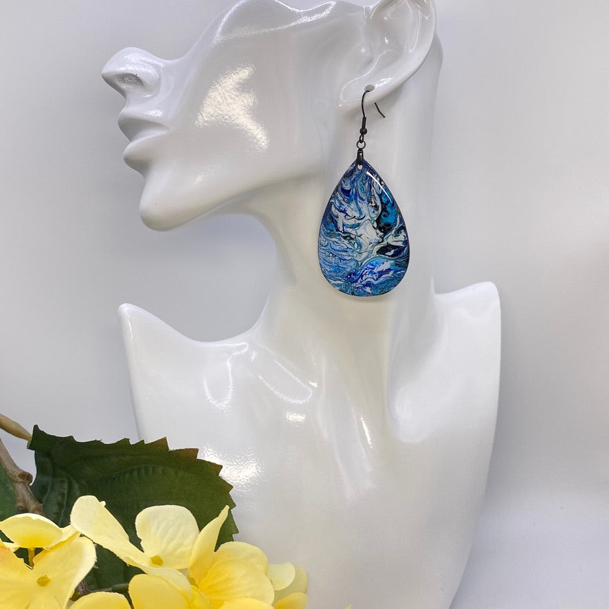 Hand Painted Tear Drop Iridescent Dangle Pendant Earrings