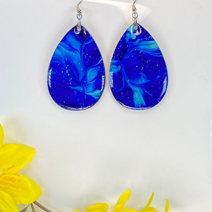 Hand Painted Tear Drop Iridescent Glitter Dangle Pendant Earrings