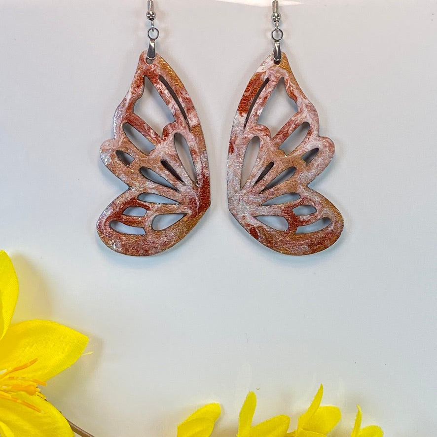 Hand Painted Geometric Cut Out Butterfly Iridescent Dangle Pendant Earrings