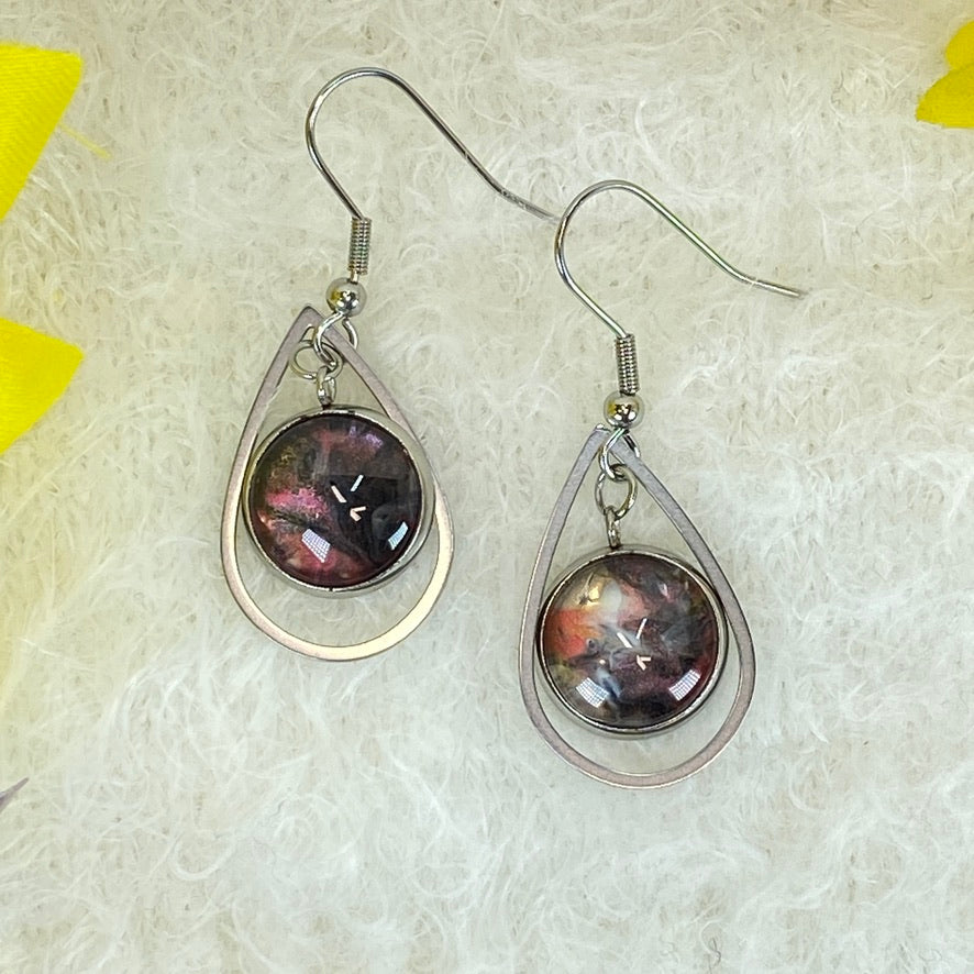 Hand Painted Glass Cabochon Gem Bezel Earrings