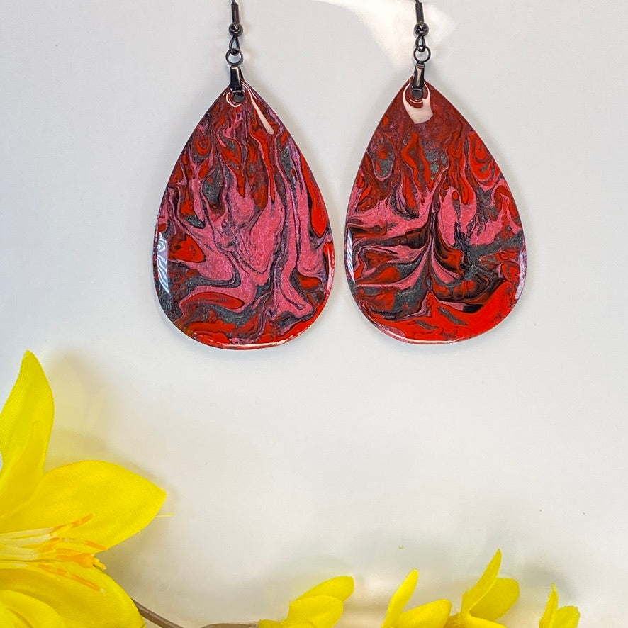 Hand Painted Tear Drop Iridescent Dangle Pendant Earrings