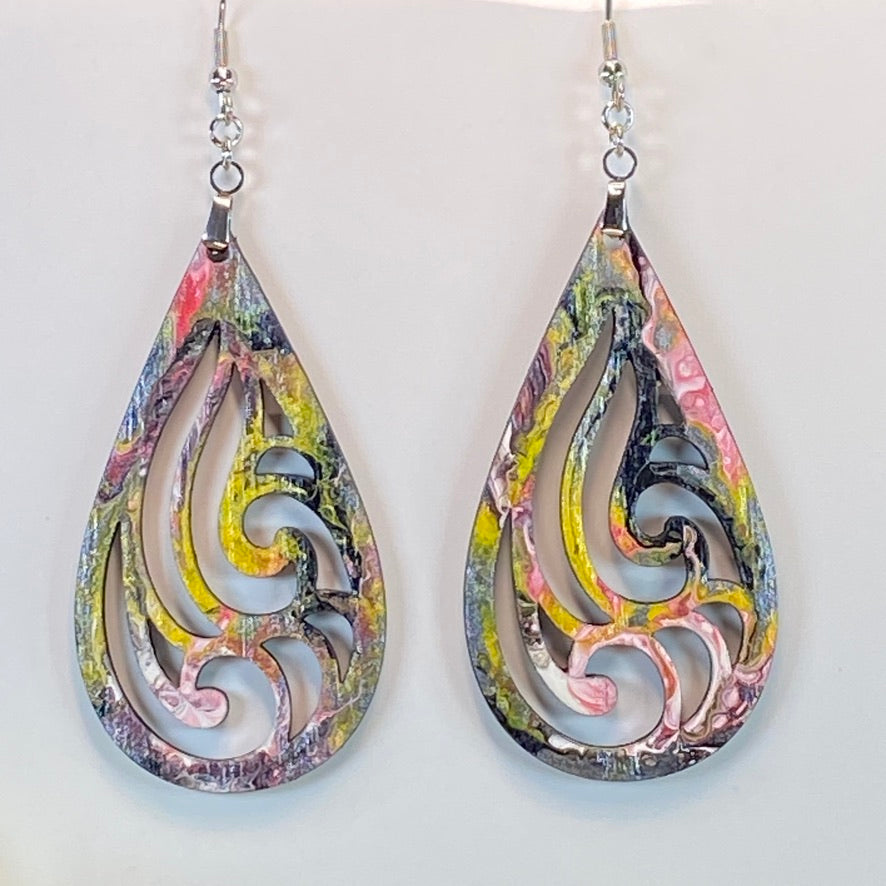 Hand Painted Tear Drop Cut Out Iridescent Dangle Pendant Earrings