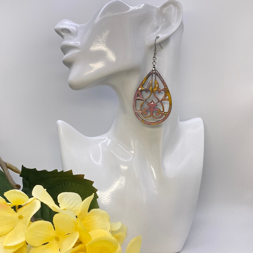 Hand Painted Tear Drop Cut Out Iridescent Dangle Pendant Earrings